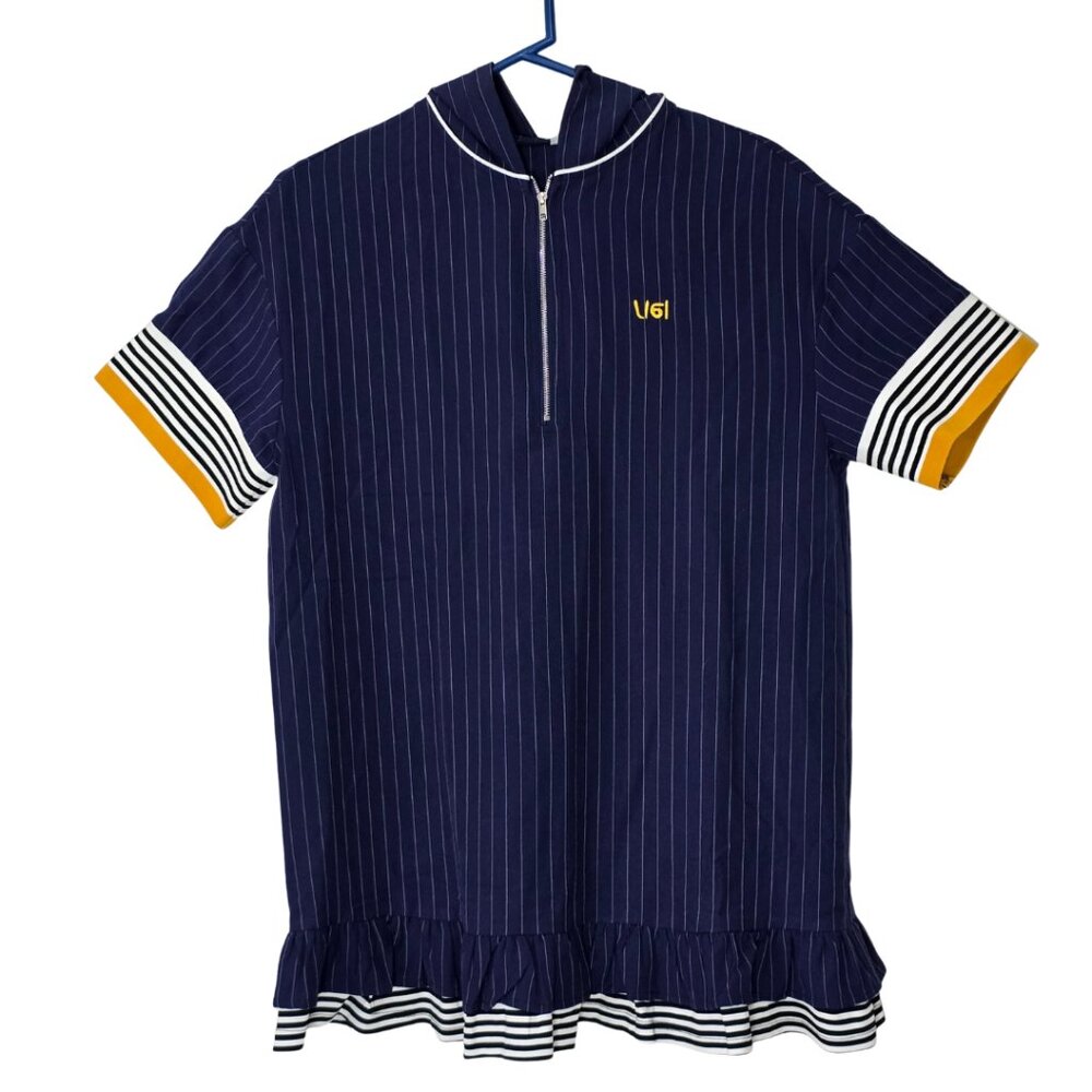 Blue w. White Pinstripe & Yellow Trim Dress w. Ruffle Trim & Hoodie Size Small